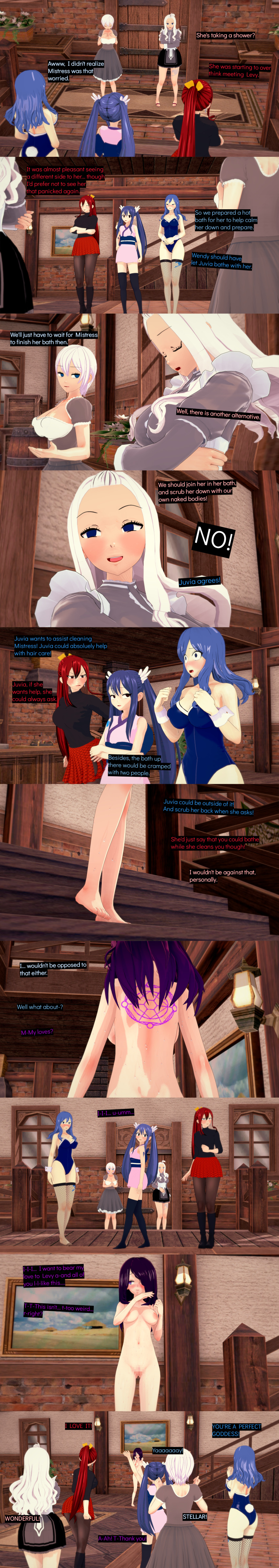 absurdres black_eyes blue_eyes blue_hair blush breasts censored closed_eyes clothed cyanstargazer dialogue english_text erza_scarlet fairy_tail female_only femdom femsub freckles hair_covering_one_eye juvia_loxar lisanna_strauss long_hair maid mirajane_strauss multicolored_eyes multiple_girls multiple_subs nipples nude purple_eyes pussy red_hair short_hair sisters text twintails wendy_marvell