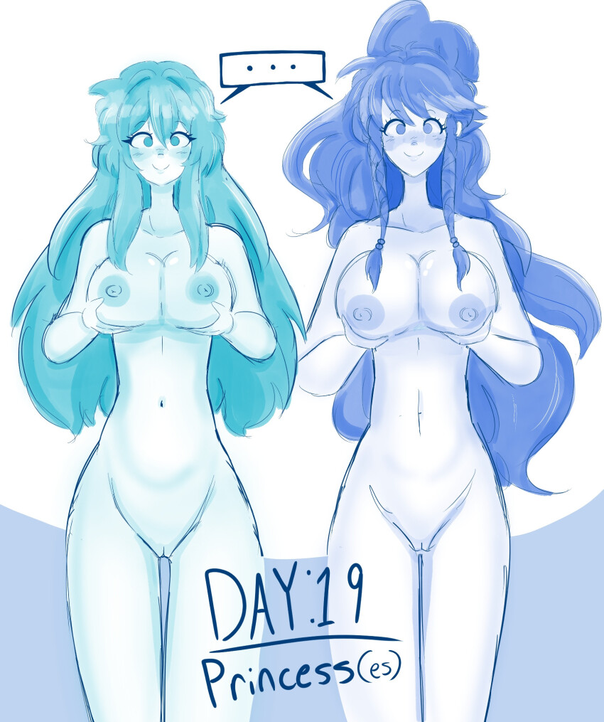 a_singular_fish blue_eyes blue_hair blush breast_grab collar collarbone eirika_(fire_emblem) eyebrows_visible_through_hair female_only femsub fire_emblem fire_emblem_the_sacred_stones happy_trance hypnovember large_breasts legs long_hair looking_at_viewer multiple_girls multiple_subs navel nipples presenting princess pussy simple_background smile speech_bubble tana_(fire_emblem) twin_braids white_background