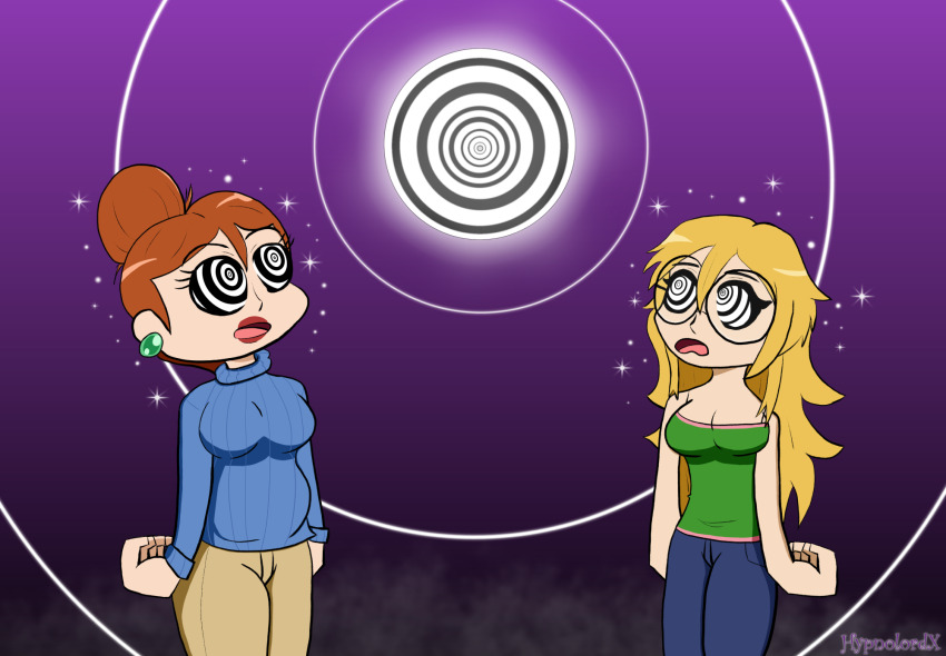 blonde_hair breasts cat_nap_(hypnolordx) chubby cleavage clothed dazed earrings female_only femsub glasses glowing hypnolordx hypnotic_object hypnotic_orb long_hair milf multiple_girls multiple_subs open_mouth original red_hair ring_eyes signature simple_background single_hair_bun sparkle svetta_(svettak92) symbol_in_eyes