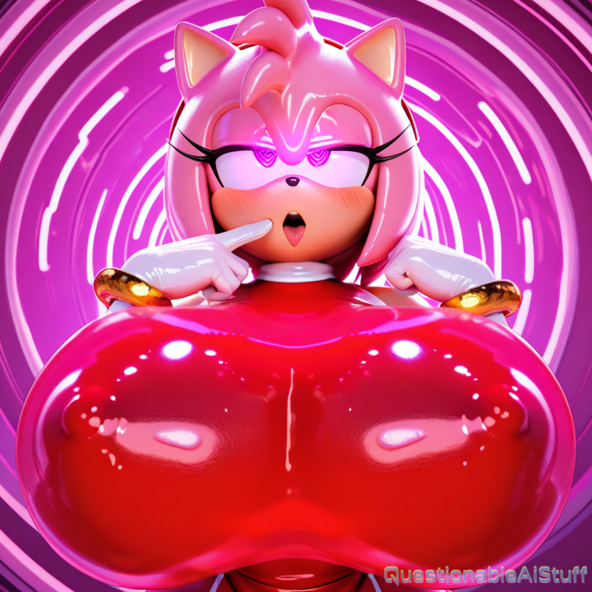 ai_art altered_common_sense altered_perception amy_rose bracelet erect_nipples female_only femsub furry gloves huge_breasts large_breasts pink_eyes pink_hair red_dress ring ring_eyes sonic_the_hedgehog_(series) spiral spiral_eyes