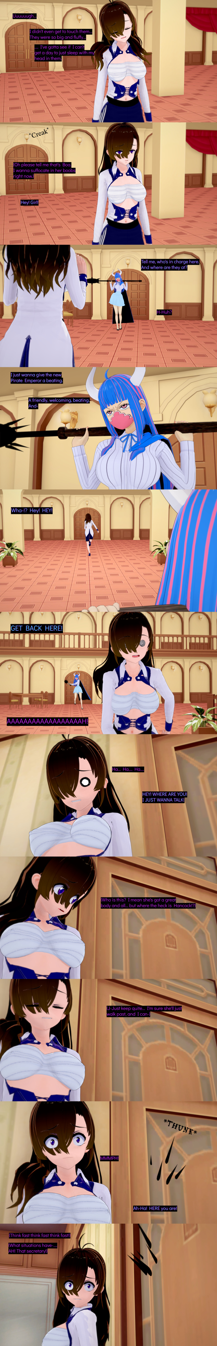 3d absurdres aware blue_hair brown_hair closed_eyes clothed cyanstargazer dialogue english_text female_only horns long_hair mask multicolored_hair multiple_girls one_piece pink_eyes pink_hair purple_eyes scared text ulti_(one_piece) weapon white_eyes