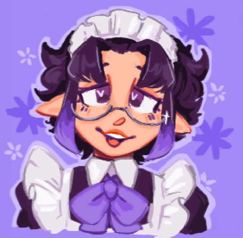 azalea_(azalea) bow clothed elf elf_ears female_only femsub glasses happy_trance heart_eyes maid maid_headdress multicolored_hair non-binary non-binary_sub original pixel-chan-doodles pixel_art purple_eyes simple_background smile symbol_in_eyes transfem transgender_identity