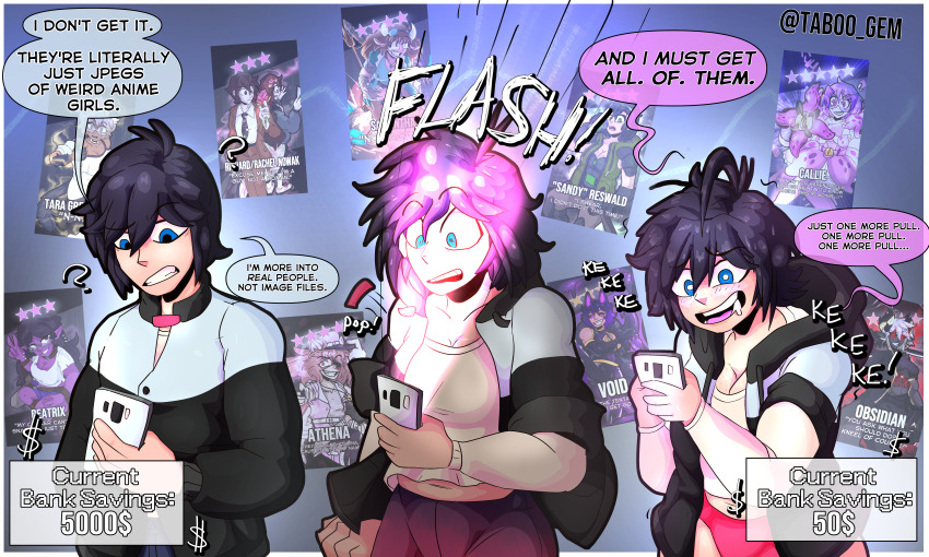 absurdres addictive ahoge altered_common_sense black_hair blue_eyes border breasts cleavage clothed drool english_text eyebrows_visible_through_hair femsub financial_domination gameplay_mechanics glowing gradient_background hair_growth hypnotic_light hypnotic_screen jacket laughing long_hair malesub open_mouth original panties phone shirt short_hair signature smile speech_bubble surprised taboogem tech_control text tongue transfem transformation transgender underwear