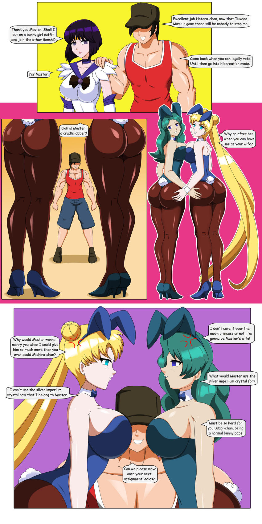 angry ass blonde_hair breasts bunny_ears bunny_girl bunnysuit comic dialogue dlobo777 empty_eyes green_hair large_breasts pantyhose sailor_moon sailor_moon_(series) sailor_neptune sailor_saturn short_hair tech_control text
