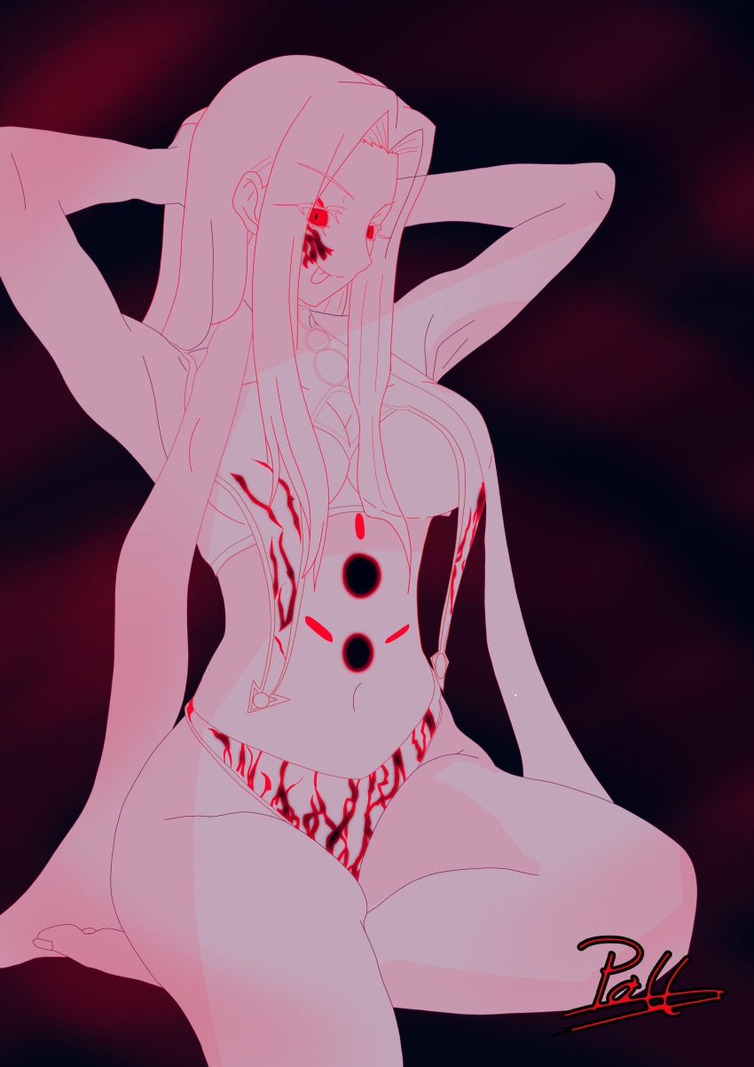 alternate_costume angra_mainyu arms_above_head bare_legs barefoot black_eyes body_markings bra breasts cleavage corruption eye_color_change facial_markings fate/stay_night fate/zero fate_(series) femsub irisviel_von_einzbern legs midriff milf monochrome navel poll_(artist) possession red_sclera signature sitting slit_pupils smile thighs tongue tongue_out very_long_hair