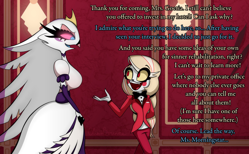 arms_behind_back blonde_hair blue_eyes breasts charlie_(hazbin_hotel) chieri_(chieribounce) chieribounce clothed dialogue english_text eye_color_change female_only femdom femsub hazbin_hotel helluva_boss open_mouth original pink_sclera possession red_eyes standing stella_(helluva_boss) suit text very_long_hair yellow_sclera