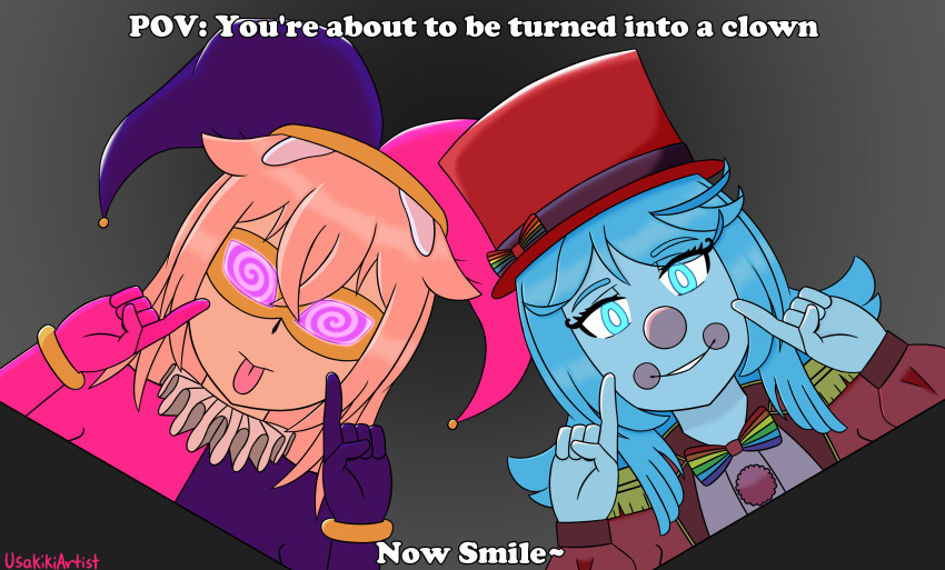 blue_eyes blue_hair bodysuit bow bow_tie bracelet bunny_ears bunny_girl clown clown_girl clownification female_only femdom frills glowing glowing_eyes hat jester kiki_(usakiki) long_hair looking_at_viewer mask original pov_sub sasha_smiles shoulder_pads smile spiral spiral_eyes spiralwash_eyes text tongue tongue_out usakiki white_skin