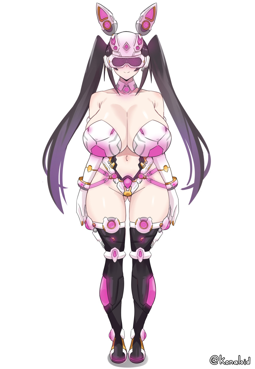 absurdres black_hair bunny_ears cleavage female_only femsub happy_trance helmet high_school_dxd konaloid large_breasts navel serafall_leviathan smile solo spiral_eyes standing standing_at_attention tech_control twintails very_long_hair watermark white_background