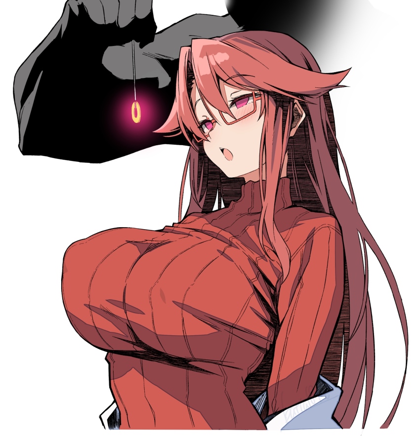 aty batta18th blush breasts clothed coin dazed empty_eyes erect_nipples erect_nipples_under_clothes eyebrows_visible_through_hair femsub glasses glowing large_breasts long_hair nipples open_mouth pendulum red_hair simple_background summon_night sweater undressing unfocused_eyes white_background