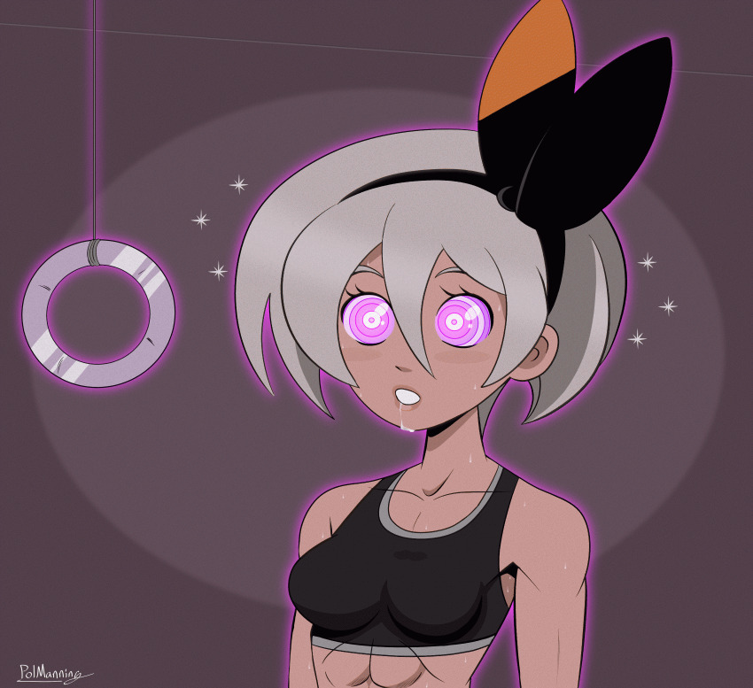 abs animated animated_gif bea_(pokemon) bunny_ears drool female_only femsub headband hypno nintendo open_mouth pokemon polmanning short_hair spiral_eyes spiralwash_eyes tan_skin tube_top
