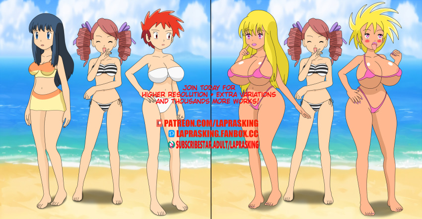 ass ass_expansion beach before_and_after bikini bimbofication blonde_hair blue_eyes blue_hair breast_expansion breasts dawn femsub hair_growth laprasking large_ass large_breasts large_hips large_lips laughing lip_expansion nintendo pink_eyes pokemon pokemon_(anime) red_eyes red_hair swimsuit tongue_out ursula_(pokemon) watermark zoey_(pokemon)