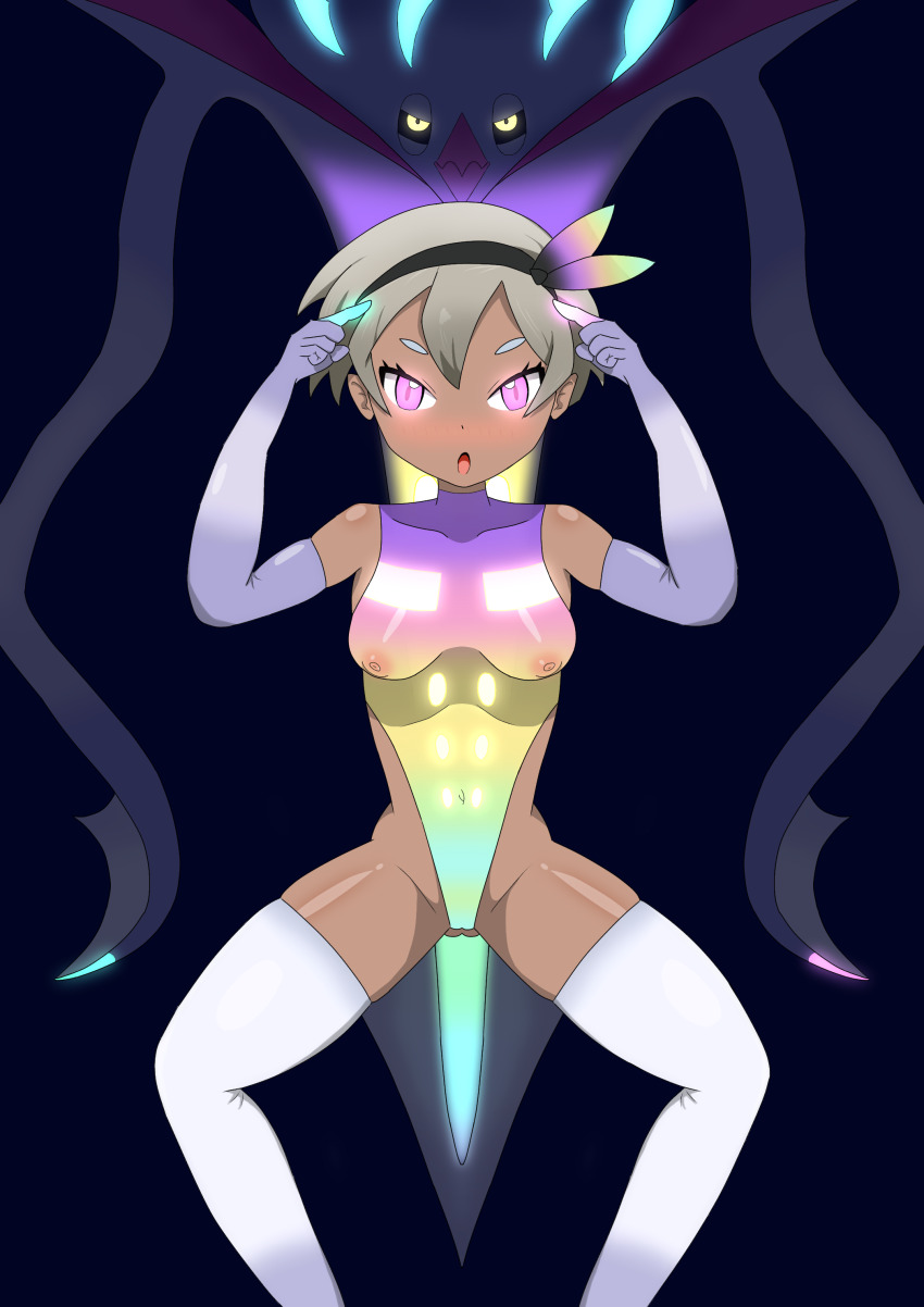 bangs bare_shoulders bea_(pokemon) blush breasts cameltoe dark_skin female_only femsub gloves glowing_eyes grey_hair hairband leotard malamar malamar_outfit nintendo nipples open_mouth opera_gloves pink_eyes pokemon pokemon_(creature) pokemon_legends_z-a see-through short_hair solo spread_legs squatting taranchura thighhighs