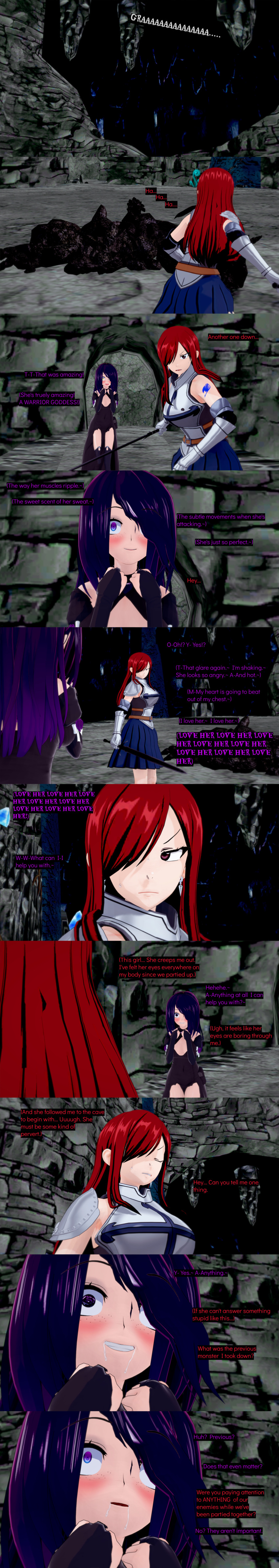 absurdres armor aware black_hair blue_eyes blush closed_eyes clothed cyanstargazer dialogue drool english_text erza_scarlet fairy_tail female_only freckles hair_covering_one_eye long_hair multicolored_eyes multiple_girls purple_eyes red_eyes red_hair sweat sword text weapon