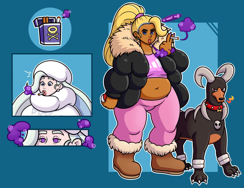 bbw before_and_after bimbofication blonde_hair chav cigarette coat dark_skin female_only femsub ganguro houndoom hypnotic_smoke melony_(pokemon) midriff nintendo pale_skin pokemon pokemon_sword_and_shield ponytail solo spiral_eyes tan_skin tank_top white_hair xxcloneyxx