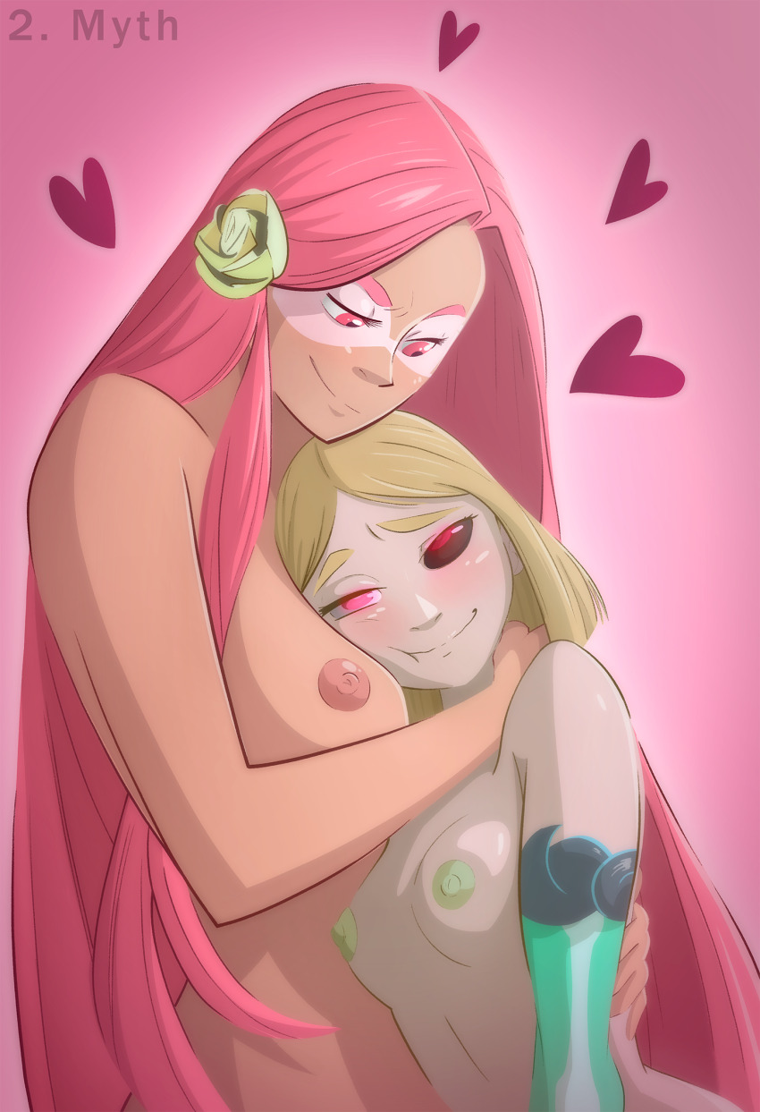 aphrodite_(hades) blonde_hair blush bottomless disguised_hypnotist eye_roll face_paint femdom femsub hades_(game) hades_2 happy_trance heart heterochromia hug hypnovember love melinoe_(hades) nipples nude pink_hair tagme topless