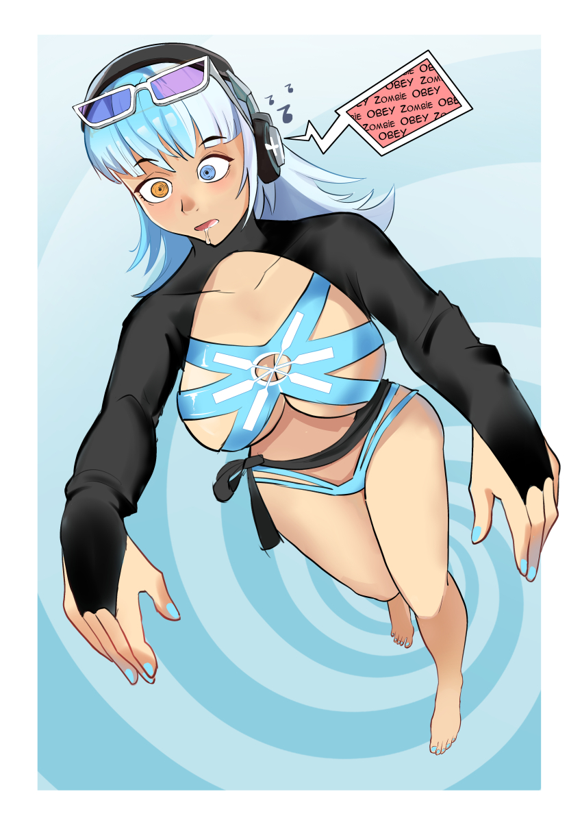 absurdres barefoot bikini blue_hair border drool female_only femsub glasses glasses_on_head glatu gradient_background headphones heterochromia hypnotic_audio large_breasts luna_snow mantra marvel_comics marvel_rivals music nail_polish open_mouth spiral_background sunglasses swimsuit text zombie_walk