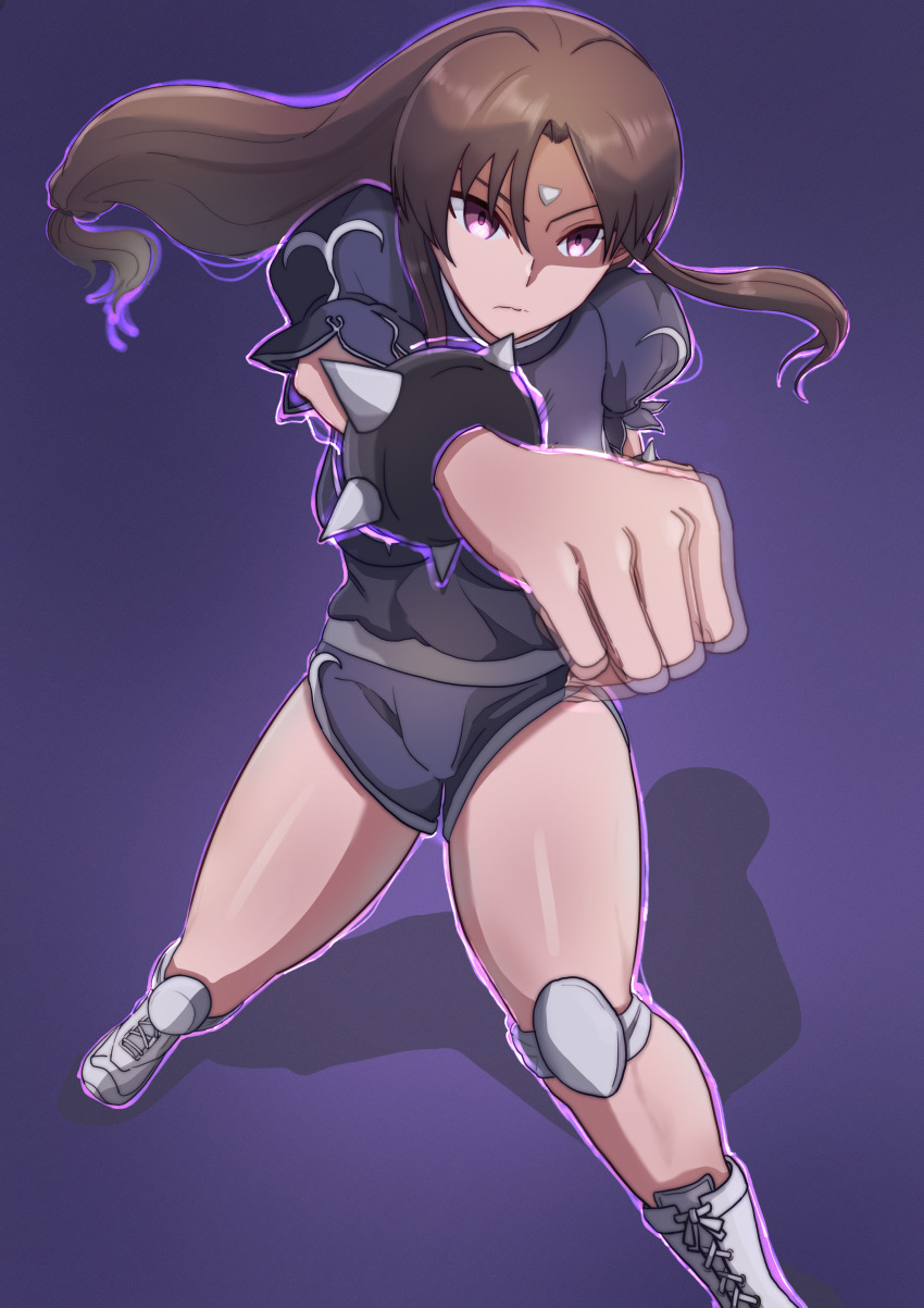 aura boots brown_hair chun-li cuffs empty_eyes expressionless female_only femsub gradient_background hidora1716 knee_pads leotard long_hair microchip purple_background purple_eyes simple_background solo street_fighter street_fighter_ii_v tech_control