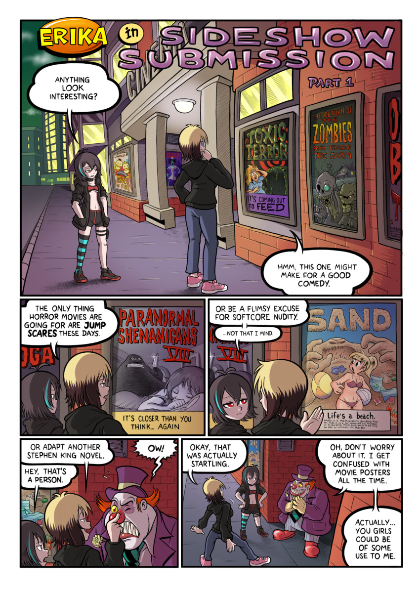 ahoge alice_(er-ikaa) bikini black_hair blonde_hair chortles_(keeperika) comic erika_(er-ikaa) keeper_of_pots midriff multicolored_hair multiple_girls navel original shorts