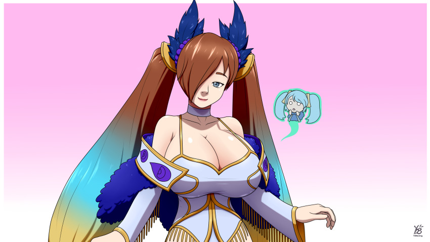 alternate_costume alternate_hair_color alternate_hairstyle aura aware bare_shoulders blue_eyes breast_expansion breasts consensual female_only femdom femsub fusion ghost happy_trance large_breasts league_of_legends long_hair maya_goodwall_(stargizar) original possession smile sona_(league_of_legends) surprised twintails whitewash_eyes ydbunny