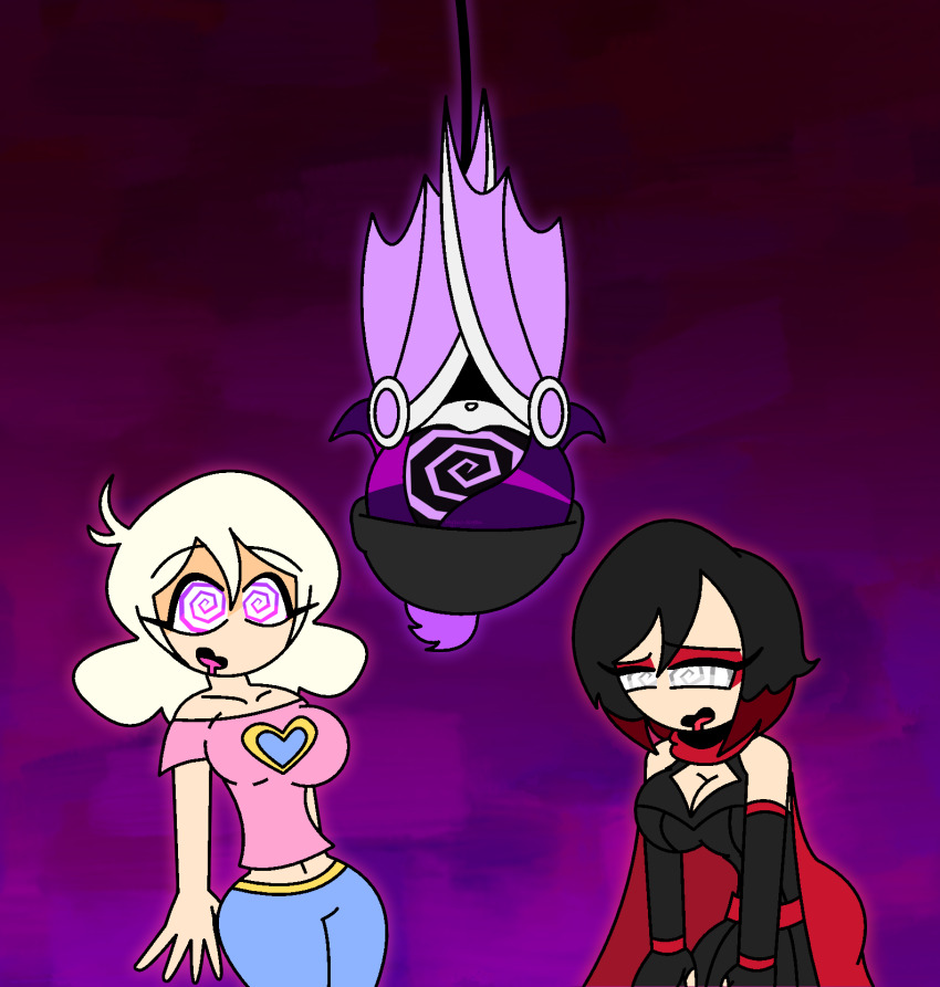 abbie_(mindwave) aged_up ahoge alternate_costume bare_shoulders beanie belt cape collarbone crossover drool eyebrows_visible_through_hair eyelashes eyeshadow femsub fingerless_gloves goth grey_eyes hanging_down happy_trance hypnoscream large_ass large_breasts leaning_forward mindwave multicolored_hair multiple_girls multiple_subs murder_drones open_mouth opera_gloves pants platinum_blonde_hair pov_dom purple_background purple_eyes purple_hair ruby_rose rwby shiny_hair shirt simple_background skirt smile spiral_eyes spiralwash_eyes standing uzi_doorman wide_hips wings