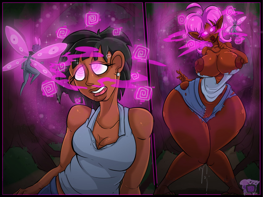 ass_expansion breast_expansion breasts dark_skin dizzytube fairy forest glowing glowing_eyes lip_expansion pink_eyes spiral_eyes