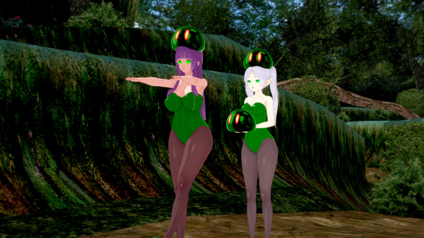 3d black_hair bunnysuit elf empty_eyes expressionless fern_(frieren:_beyond_journey's_end) frieren frieren:_beyond_journey's_end green_eyes large_breasts long_hair purple_hair slime small_breasts sonrio12