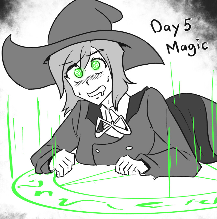 bow_tie breasts character_request clothed dress_shirt drool eyebrows_visible_through_hair female_only femsub glowing_eyes green_eyes hypnovember jacket looking_at_viewer lying magic magic_circle majinsfw short_hair solo spiral_eyes sweat witch witch_hat