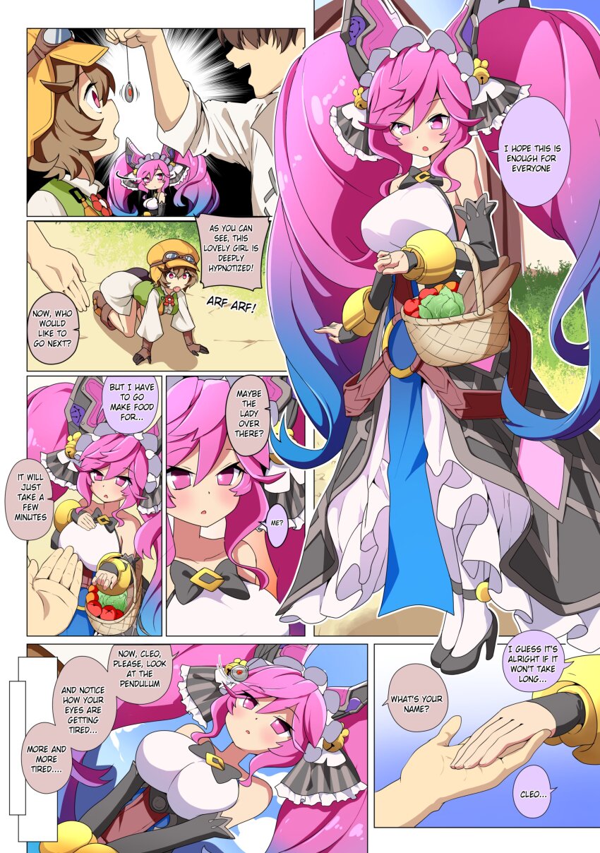 all_fours bell blue_hair breasts brown_hair character_request cleo_(dragalia_lost) comic cygames dialogue dog_pose dragalia_lost english_text etlabsotwe expressionless femsub francesca_(dragalia_lost) hat large_breasts maledom multicolored_hair nintendo pet_play pink_eyes pink_hair sleepy speech_bubble text tongue tongue_out traditional_hypnosis twintails