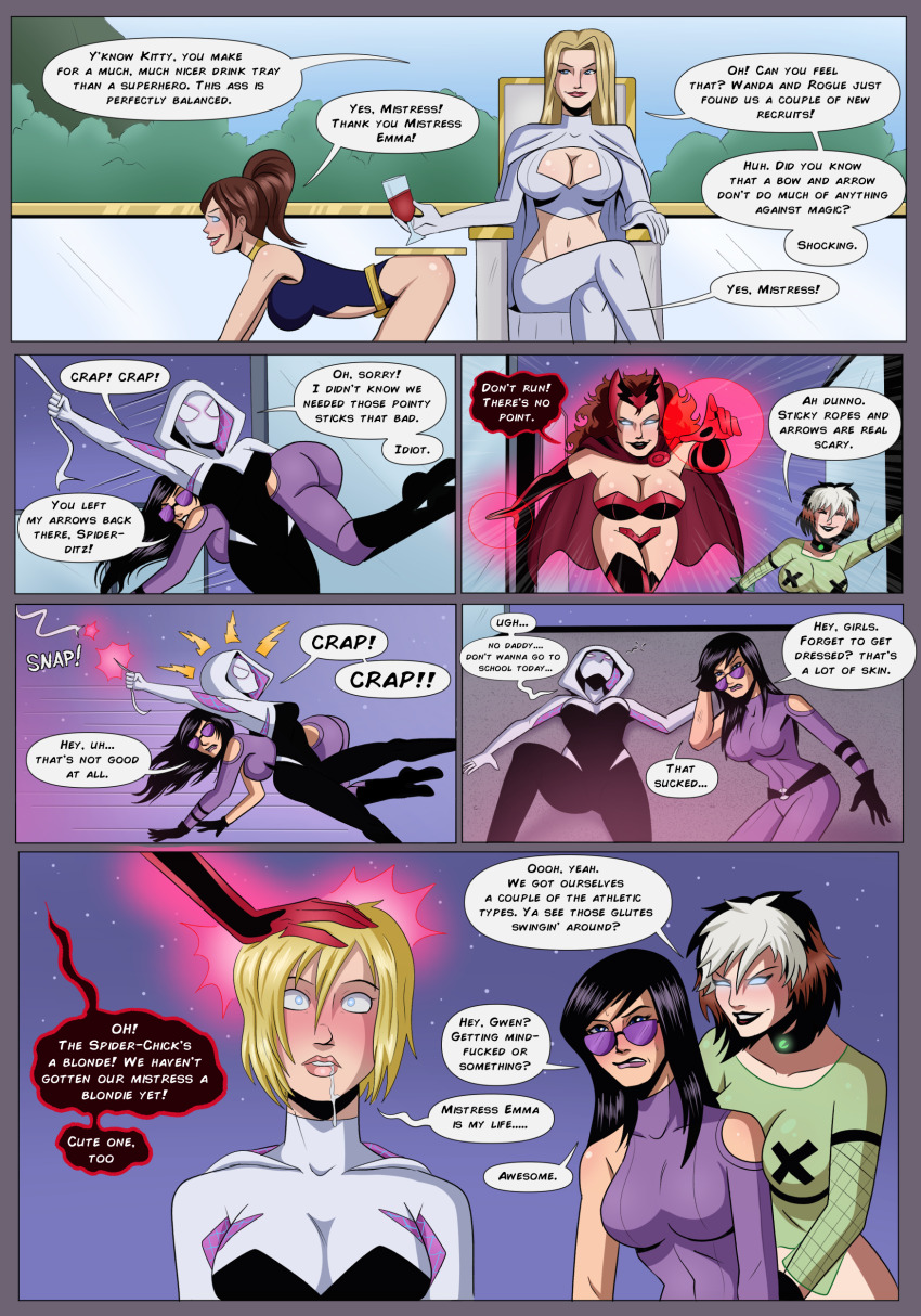 all_fours black_hair blonde_hair brown_hair cape cleavage cleavage_cutout collar comic corruption crop_top crossed_legs drool emma_frost female_only femdom femsub glasses gloves gwen_stacy harem human_furniture kate_bishop_(hawkeye) kitty_pryde long_hair marvel_comics multicolored_hair pasties polmanning ponytail rogue short_hair shrunken_irises sitting speech_bubble spider-gwen super_hero telepathy text wanda_maximoff white_hair wine x-men