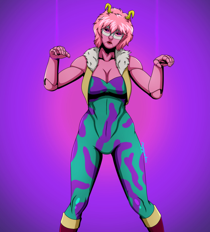 bare_shoulders cleavage female_only femsub horns looking_at_viewer mask megaguardain mina_ashido my_hero_academia pink_hair pink_skin possession puppet puppetization purple_background purple_eyes short_hair super_hero transformation