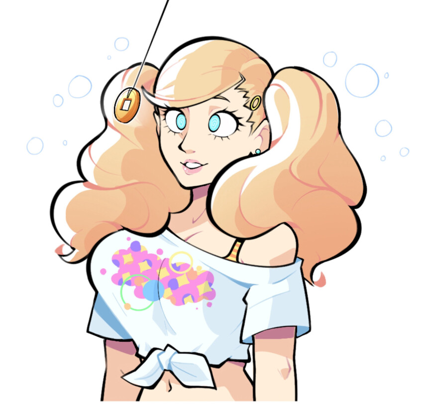 ann_takamaki blonde_hair blue_eyes bubble clothed coin female_only femsub hair_clips happy_trance himbonosis long_hair midriff pendulum persona_(series) persona_5 shirt simple_background smile solo spiral_eyes tied_shirt twintails white_background