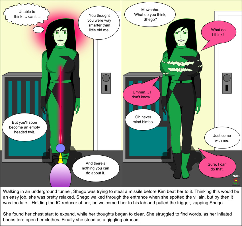 before_and_after bimbofication black_hair breast_expansion dialogue empty_eyes femsub green_skin happy_trance kim_possible_(series) large_breasts nabs001 raygun shego text