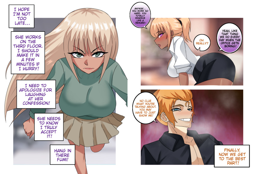 altered_common_sense angry antiyuri_app assertive_sub aya_(antiyuri_app) blonde_hair blue_eyes blush border cleavage clothed comic english_text erasethismail eyebrows_visible_through_hair femsub fumi_(antiyuri_app) long_hair multiple_girls office_lady orange_hair original pink_eyes ponytail ruined_life shirt skirt smug speech_bubble sweater text