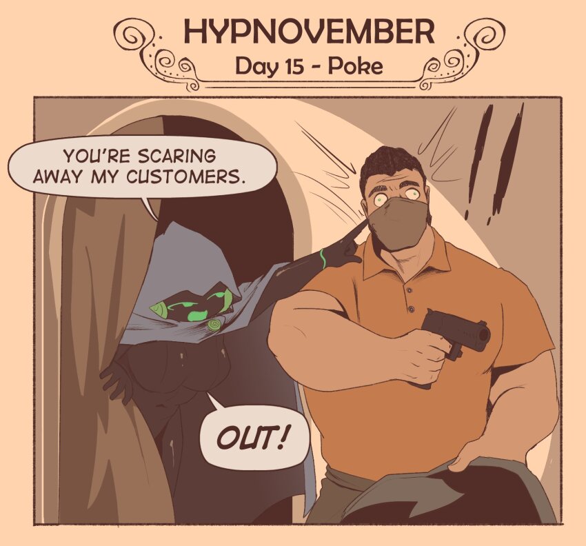 black_hair bodysuit breasts character_request cloak clothed dialogue english_text face_mask femdom green_eyes green_hair gun humor hypnotic_touch hypnovember leaning_forward malesub original pstash short_hair speech_bubble surprised text weapon