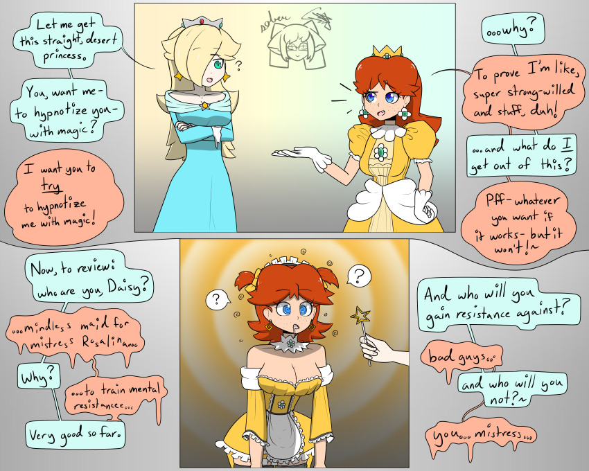 alternate_hairstyle apron bangs before_and_after blonde_hair blue_eyes breasts cleavage collarbone comic confused crossed_arms dress drool earrings expressionless eyebrows_visible_through_hair eyelashes fangs female_only femdom femsub freckles frills gloves good_sub_conditioning gradient_background green_eyes hypnotic_magic large_breasts leaning_forward long_hair magic magic_wand maid maid_headdress nintendo open_mouth orange_hair princess princess_daisy princess_rosalina short_hair short_skirt signature skirt smug sobergin speech_bubble spiral_background spiral_eyes super_mario_bros. text twintails