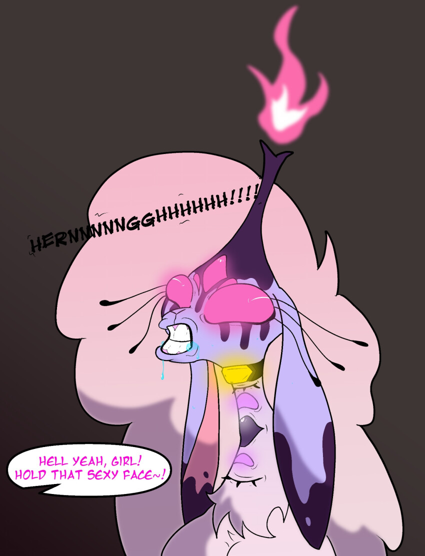 anouras beelzebub_(helluva_boss) belphegor_(helluva_boss) collar dialogue femdom femsub glowing glowing_eyes helluva_boss llama_girl multiple_eyes resisting speech_bubble tech_control text