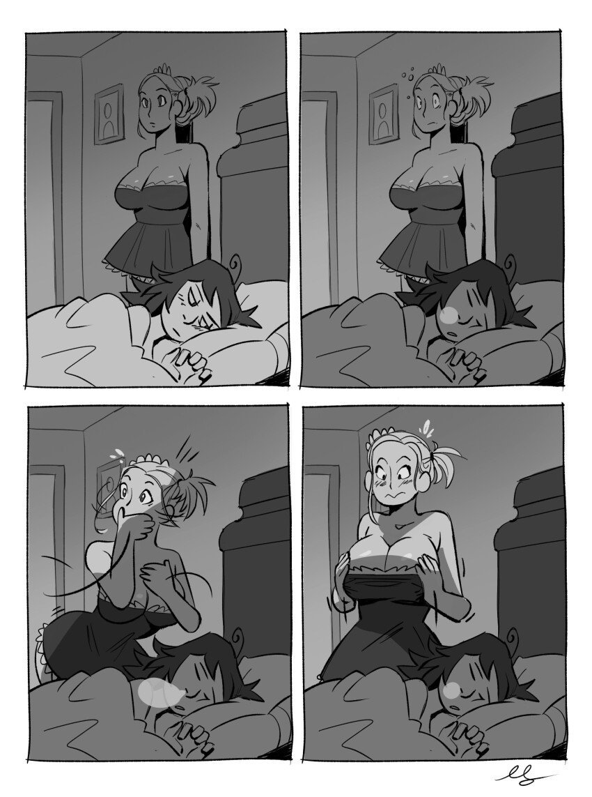 ahoge bare_shoulders bed blush border breast_grab cleavage collarbone comic confused dress embarrassed empty_eyes expressionless female_only femdom femsub large_breasts lying maid maid_headdress mollyjames original pillow psychic sequence shrunken_irises skirt sleeping standing trance_break