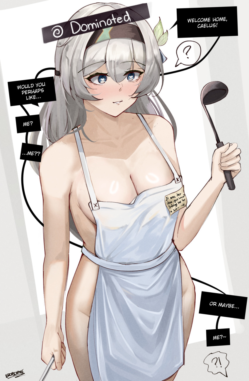 apron blue_eyes blush breasts cleavage clothed clothed_exposure collarbone confused consensual english_text eroborne eyebrows_visible_through_hair femdom femsub firefly_(honkai_star_rail) gameplay_mechanics hair_ornament headband heart_eyes honkai_star_rail kafka_(honkai_star_rail) large_breasts signature silver_hair simple_background speech_bubble spiral stepfordization sticky_note surprised symbol_in_eyes text thighs wide_hips