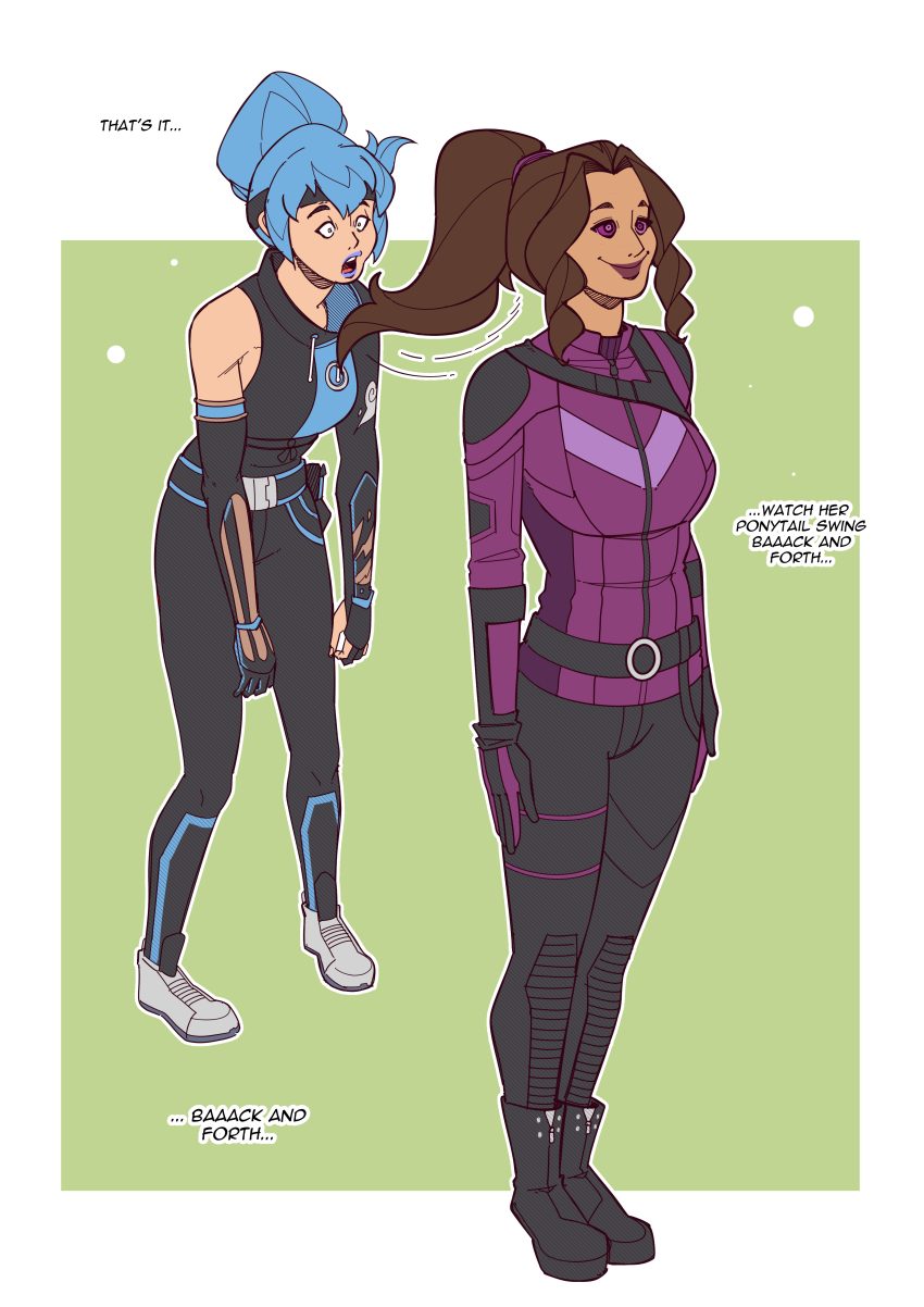 bangs blue_hair blue_lipstick boots brown_hair clothed crossover efalabrino female_only femsub fortnite happy_trance headband hope_(fortnite) hypnotic_hair hypnotized_hypnotist kate_bishop_(hawkeye) lipstick marvel_comics multiple_girls multiple_subs open_mouth pants ponytail shrunken_irises slouching smile spiral_eyes standing standing_at_attention