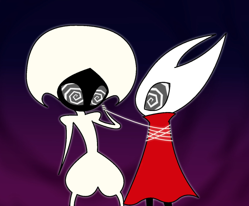 aura bondage bug_girl cloak clothed female_only femdom femsub gradient_background hollow_knight_(series) hornet_(hollow_knight) horns hypnoscream hypnotic_eyes hypnotized_hypnotist lace_(hollow_knight) purple_background simple_background spiralwash_eyes standing white_skin yuri