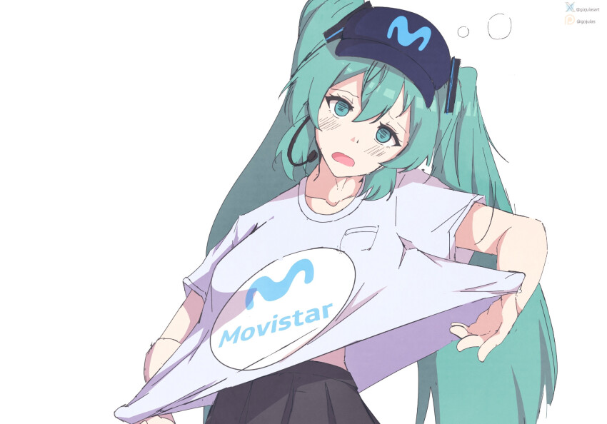 blue_eyes blush cap clothed dazed empty_eyes female_only femsub gojulas hypnovember long_hair microphone miku_hatsune movistar open_mouth shirt shirt_lift simple_background skirt solo twintails vocaloid white_background