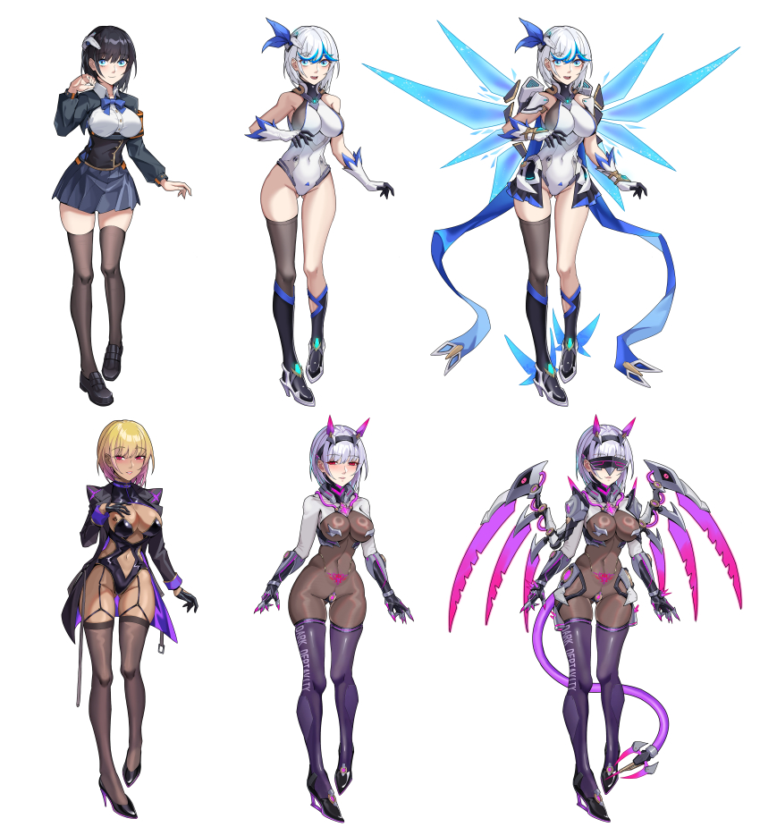 absurdres alternate_color_scheme alternate_costume alternate_form alternate_hair_color alternate_hairstyle bangs bare_shoulders before_and_after black_hair blonde_hair blue_eyes blue_hair bodysuit bow bow_tie breasts bunny_ears cape claws cleavage clothed_exposure collar crotch_tattoo evil_smile fake_animal_ears female_only femsub garter_straps gloves hair_ornament jewelry l_etranger large_breasts leather leotard looking_at_viewer multicolored_hair navel open_mouth original pantyhose pink_hair purple_hair qos red_eyes school_uniform see-through sequence shirt shoes short_hair simple_background skirt smile solo standing tail tan_skin tattoo thighhighs tight_clothing vaginal white_background white_hair wings