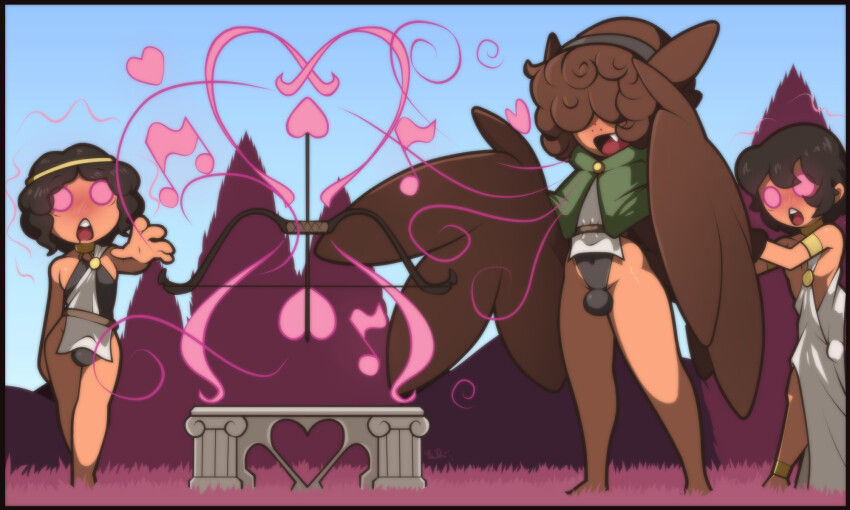 animal_ears arm_bands bare_legs barefoot belt black_hair blush bow_(weapon) bracelet brown_hair bulge cape character_request curly_hair dress drool fangs femboy hair_band hair_covering_both_eyes heart hypnotic_audio jewelry lavenderrose leotard love magic male_only maledom malesub monster_boy open_mouth original outdoors pink_eyes short_hair short_skirt siren skirt smile wings