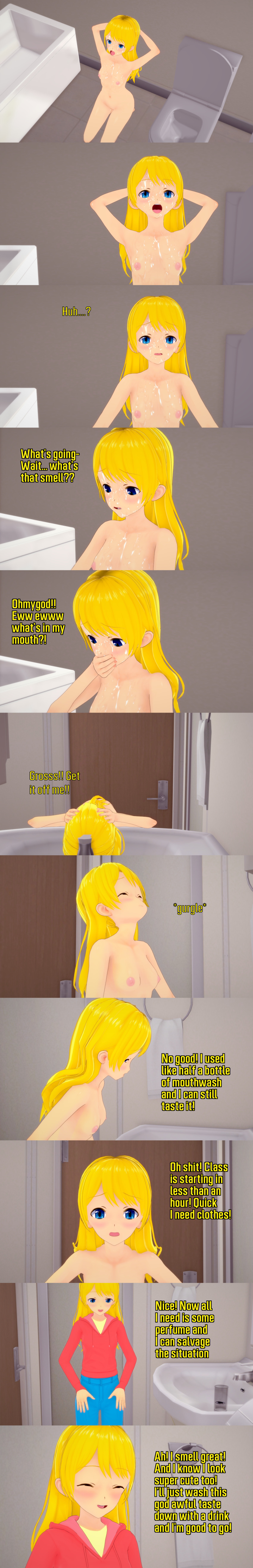 3d absurdres arms_above_head aware blonde_hair blue_eyes breasts closed_eyes confused dialogue dressing english_text female_only human_toilet lauren_(veritas) long_hair nipples nude solo squatting text trance_break veritas zenin1