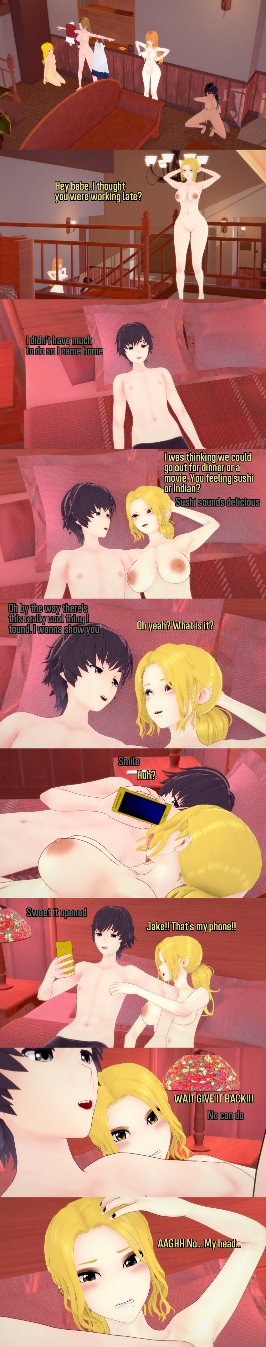 absurdres black_eyes black_hair breasts brown_eyes brown_hair dark_skin dialogue english_text evelyn_fox_(veritas) femsub human_furniture jake_(veritas) jasmine_newman_(veritas) lauren_(veritas) multiple_girls multiple_subs nipples nude orange_hair phone short_hair small_breasts text turning_the_tables v veritas zenin1