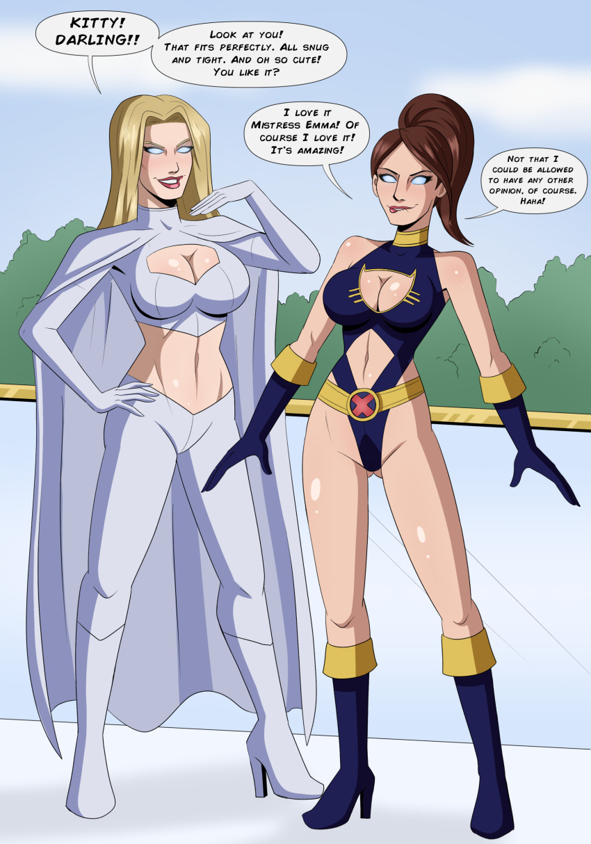 blonde_hair blue_eyes breasts brown_eyes brown_hair cape cleavage cleavage_cutout dialogue emma_frost femdom femsub gloves glowing_eyes happy_trance kitty_pryde lip_biting long_hair marvel_comics multiple_girls polmanning ponytail short_hair smile speech_bubble super_hero telepathy text whitewash_eyes x-men