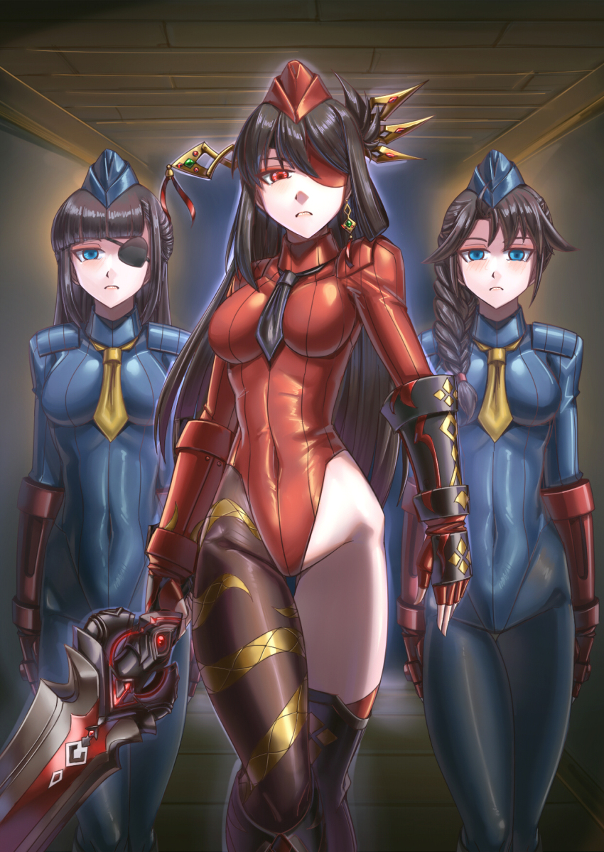 alternate_costume aura beidou_(genshin_impact) beret black_hair blue_eyes blush breasts brown_hair capcom character_request clothed corruption crossover expressionless eyepatch female_only femsub genshin_impact gloves large_breasts leebigtree looking_at_viewer navel red_eyes shadaloo_dolls standing_at_attention street_fighter sword thighhighs thighs tie tight_clothing very_long_hair weapon