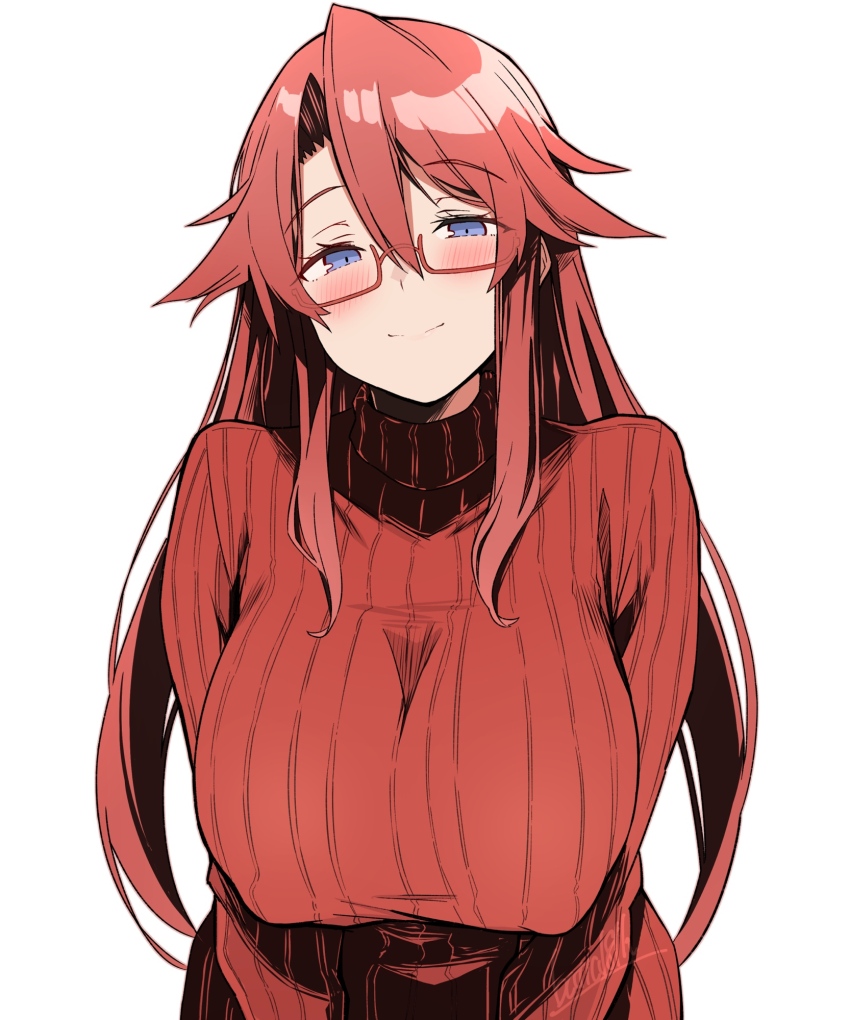 aty batta18th before_and_after blue_eyes blush breasts erect_nipples_under_clothes glasses huge_breasts long_hair nipples red_hair simple_background smile summon_night sweater teacher white_background