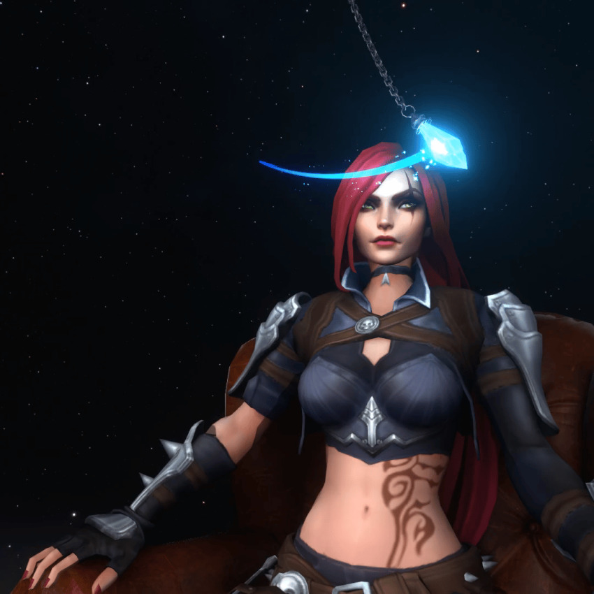 3d animated animated_gif body_markings breasts chair cleavage female_only femsub glowing green_eyes katarina_(league_of_legends) large_breasts league_of_legends midriff navel pendulum red_hair saiminsensei sitting sleeping sleepy solo tattoo very_long_hair