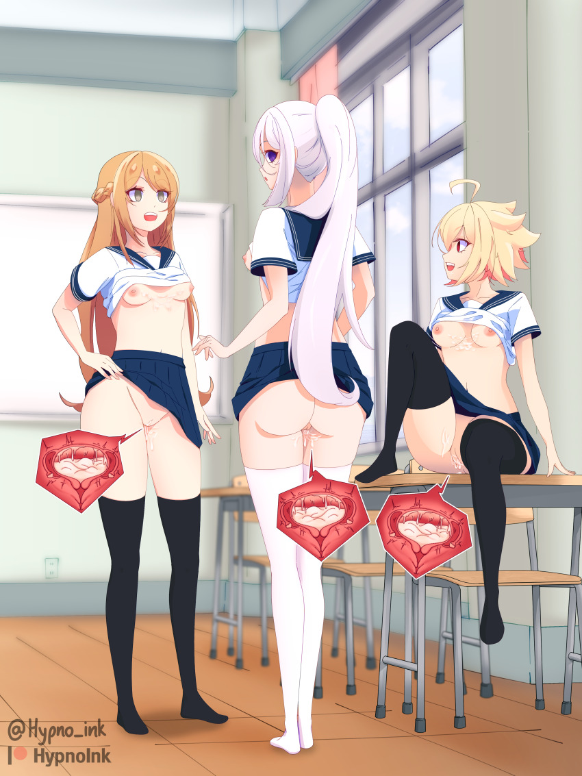 blonde_hair brown_hair classroom cum_in_uterus empty_eyes female_only femsub grey_eyes hypnoink looking_at_viewer looking_back multiple_girls nipples original purple_eyes pussy red_eyes school_uniform shirt_lift sitting skirt standing tagme text thighhighs unaware upskirt watermark white_hair x-ray